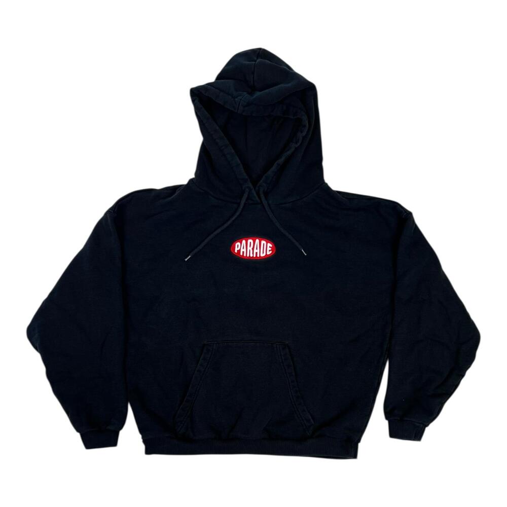Parade Hoodie Mens Small Black Logo Patch Skater Pullover Fleece Sweatshirt